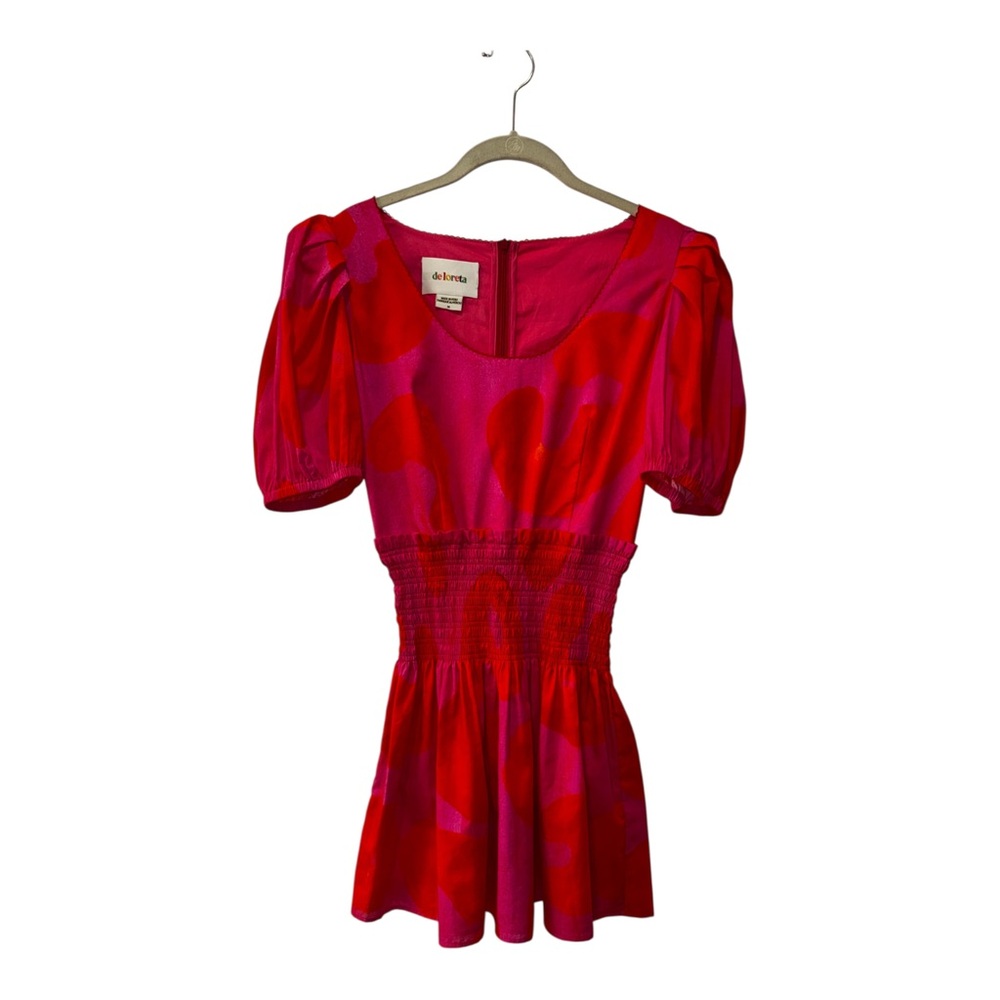 De Loreta Red & Fuchsia Puff Sleeve Smocked Waist Mini Dress Sz. M